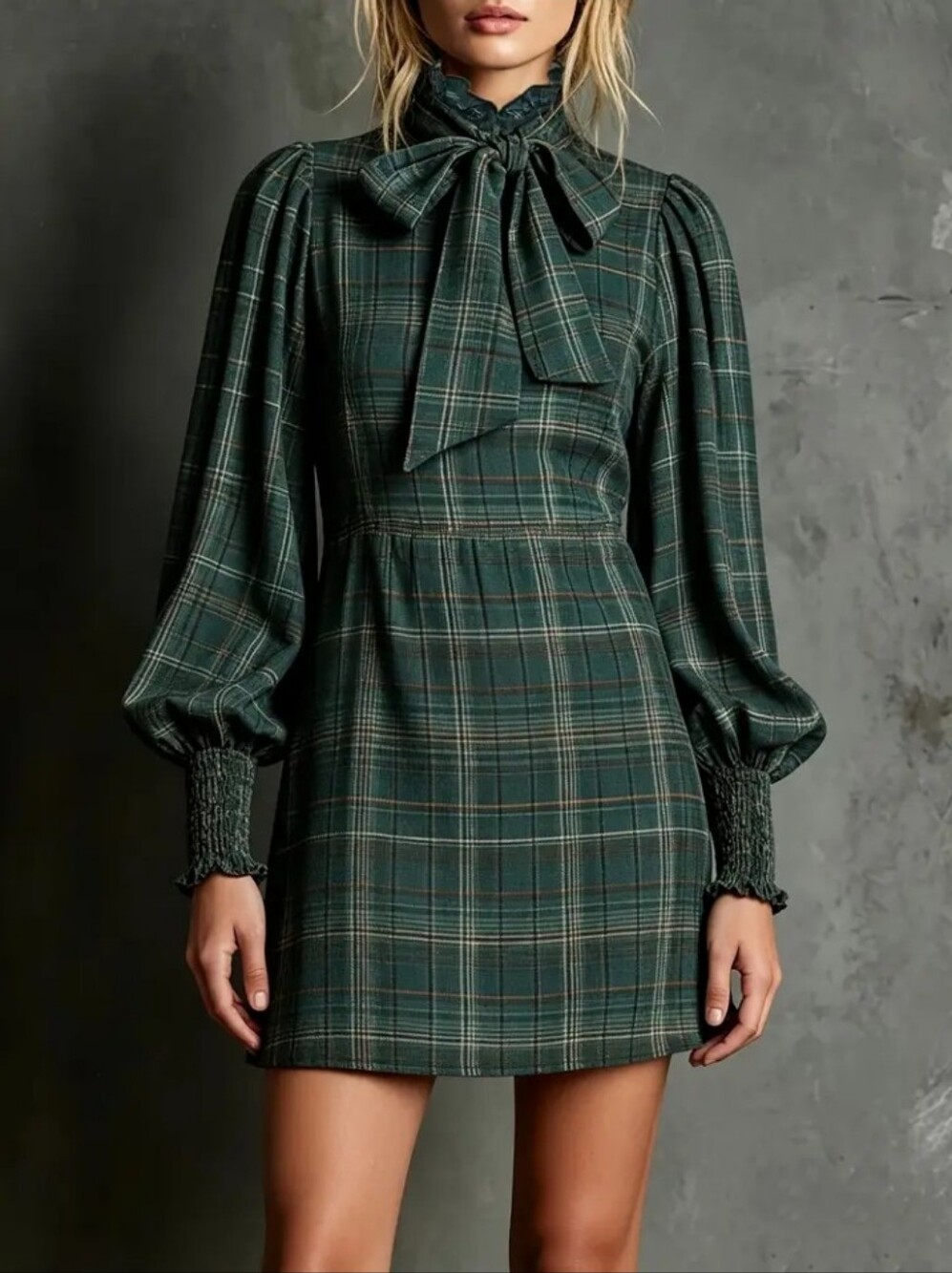 Autumn Women'S Fashion Plaid Long Sleeve Bow Tie Lapel Dress